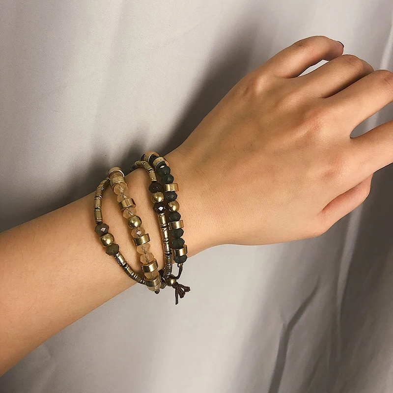 

Punk Multi-layer Rope Bracelets Women Boho Crystals Chain Bead Adjustable Bracelet Pulseras Mujer Vintage Geometric Hand Jewelry