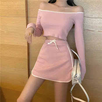 

Korean Summer New Outfit Sexy Slash Neck Full Sleeve Short Knitting Pullover Mini High Waist Elastic Waist Sweet Pink Suit