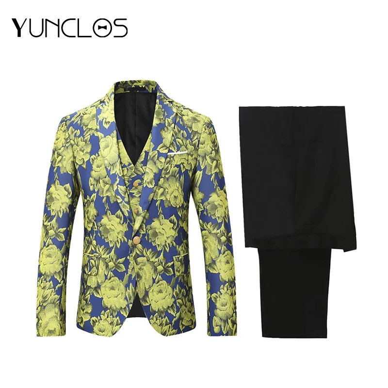 Мужские костюмы YUNCLOS с зеленым и синим цветочным принтом мужские на свадьбу вечеринку ужин из 2 предметов