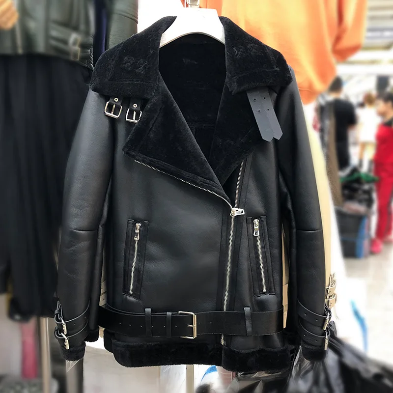 Черный 4xl 5xl размера плюс Женская Овчина пальто осень зима корейский Свободный теплый бархат толстый искусственная кожа Мото куртка женская верхняя одежда - Цвет: Черный