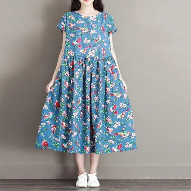 

2019 Summer New Style Loose-Fit Slimming Literature And Art Trendy Blue Cotton Linen Printed Crew Neck Short-sleeve Dress