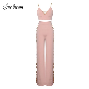 

2019 New Women Pink Black Hollow Out Short Top And Full Length Pants Celebrity Runway 2 Pieces Autumn Bandage Two Pieces Set