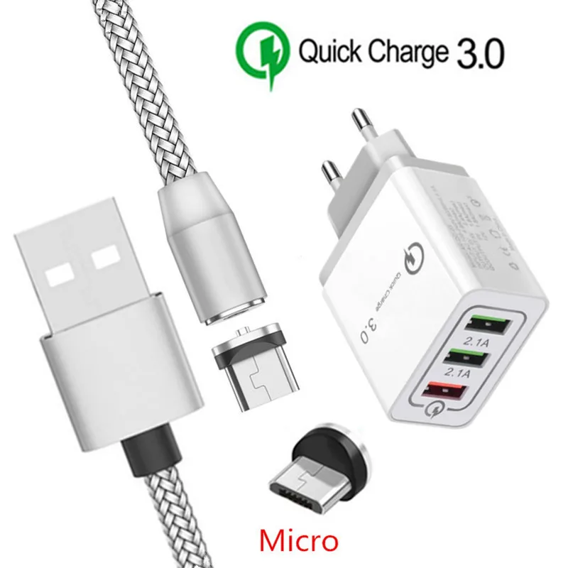 Магнитный Micro USB кабель для samsung Galaxy J7 Nokia 6 5 3,1 Honor 7A 8A 8X alcatel 3L android мобильного телефона QC 3,0 USB быстрое зарядное устройство - Тип штекера: EU charger and cable