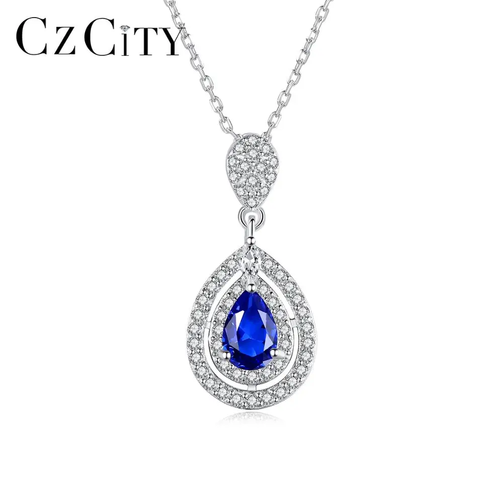 CZCITY Water Drop Shape Pendant Necklace 925 Sterling Silver Sapphire Blue Stone Fine Jewelry for Women Christmas Gifts SN612 | Украшения и