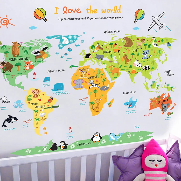  Children's room bedroom kindergarten decorative applique removable world map wall stickers for kids - 4000217968021