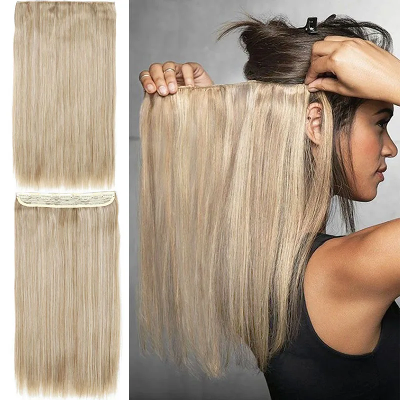 

FEELSI 24'' Long Straight Women Clip in Hair Extensions High Tempreture Synthetic Hair Piece For Women Hairpieces Black Brown