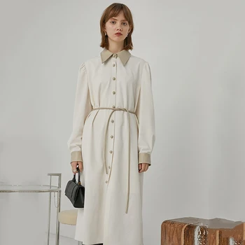 

loose Women White Contrast Color Big Size Midi Shirt Dress New Lapel Long Sleeve Loose Fit Fashion Tide Spring Autumn 2020 1R766