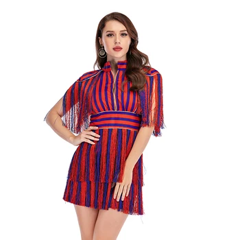 

New Fashion Tassel Dress Summer Sexy Women Bodycon Red Blue Striped Short Vestidos Mini Prom Cocktail Party Dress Fringe Female