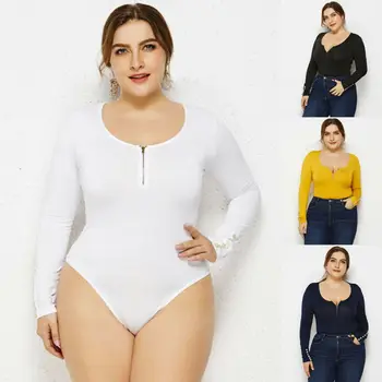 

6XL Bodysuit women plus size Women Long Sleeve Shirt Leotard Jumpsuit Bodysuit Stretchy Zip Blouse Tops