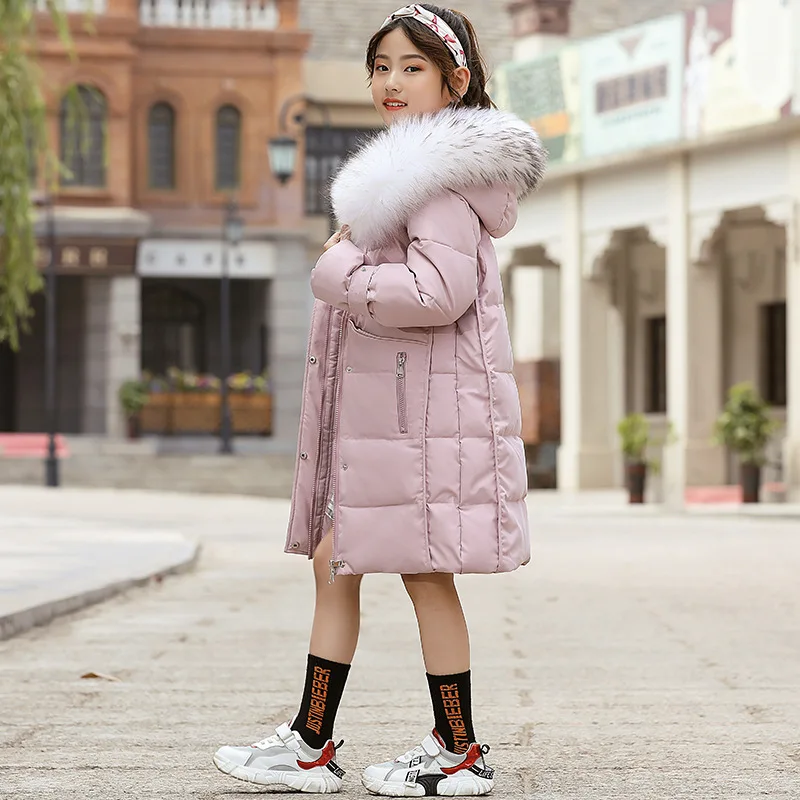 Новые зимние куртки для девочек, детские пальто с меховым капюшоном, От 6 до 12 лет, Детские теплые парки, Высококачественная верхняя одежда для девочек-подростков - Цвет: Розовый