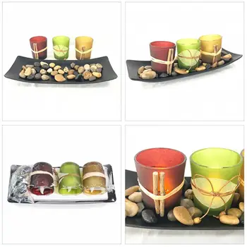 

Natural Candlescape Set 3 Decorative Candle Holders Rocks & Tray Q6PE
