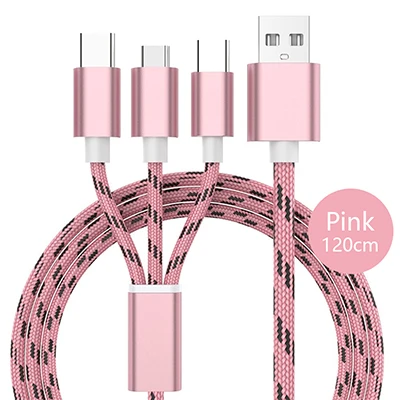 Pink 3 in 1 cable Нейлоновый плетеный 3 в 1 USB кабель type C Micro usb кабель для зарядки 8 Pin лента C type-C для iPhone samsung Xiaomi Redmi huawei Honor - Цвет: Pink 3 in 1 cable