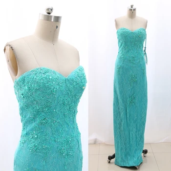 

MACloth Aqua Sheath Strapless Floor-Length Long Embroidery Lace Prom Dresses Dress M 268170 Clearance
