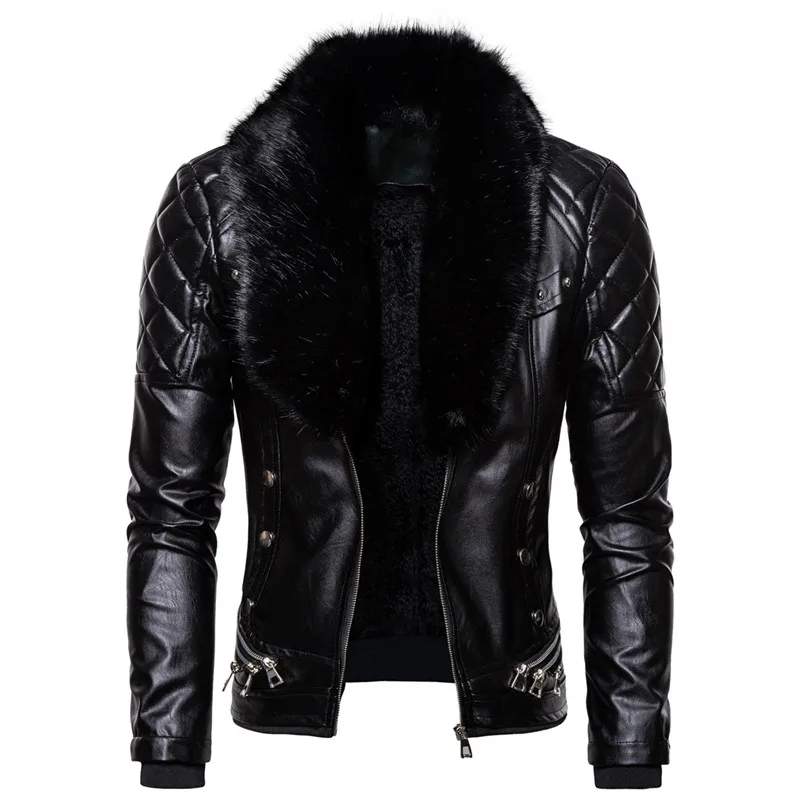 Мотоциклетная кожаная куртка, Мужская куртка из искусственной кожи, съемный меховой воротник, заклепки, прессованный хлопок, толстая Байкерская кожаная куртка, Мужская верхняя одежда в стиле панк - Цвет: Black