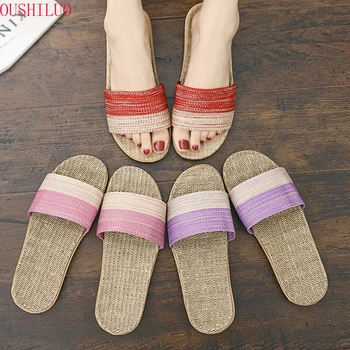 

Women Summer Slippers Soft Flax Indoor Shoes Home Flip Flops Hemp Open Toe Sandals Ladies Flat Slides Beach Shoes