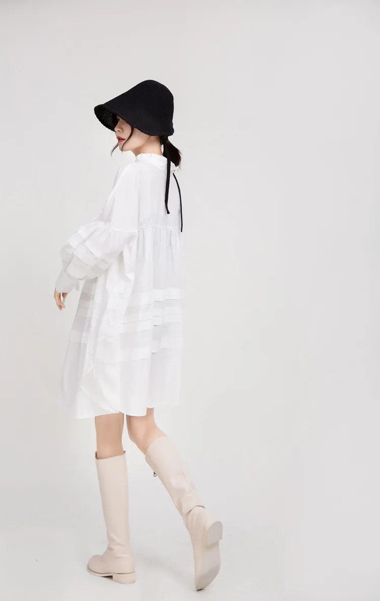 [EAM] женское белое платье с оборками, с разрезом, большого размера, новинка, воротник-стойка, длинный рукав, свободный крой, Мода весна-осень, 1B891