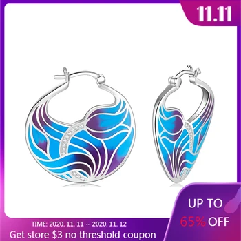 

OGULEE Fashion Women Earrings 925 Sterling Silver Fresh Natural Lotus Pattern Blue Enamel Fine Hoop Earring Party Jewelry Gift