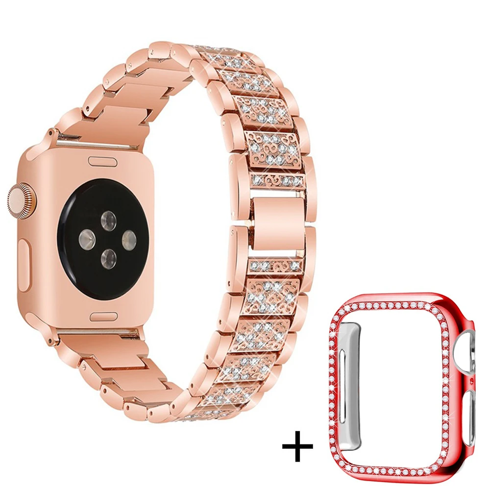 Ремешок со стразами+ чехол для Apple Watch 38 мм 42 мм металлические стразы сменный Браслет для женщин iWatch 40 мм 44 мм серия 5 4 - Цвет ремешка: Rose-gold-red case