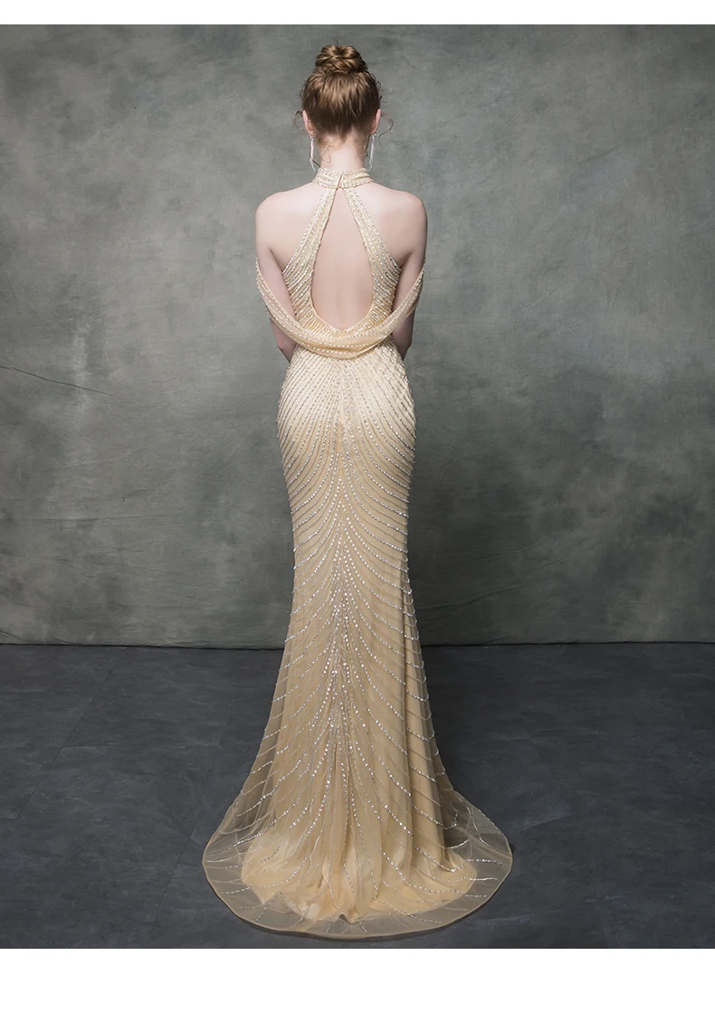 Sexy Backless Celebrity Dresses High Neck Beaded Front Split Luxurious Trumpt Robe De Beaded Sequins Evening Party Gowns ZD2001