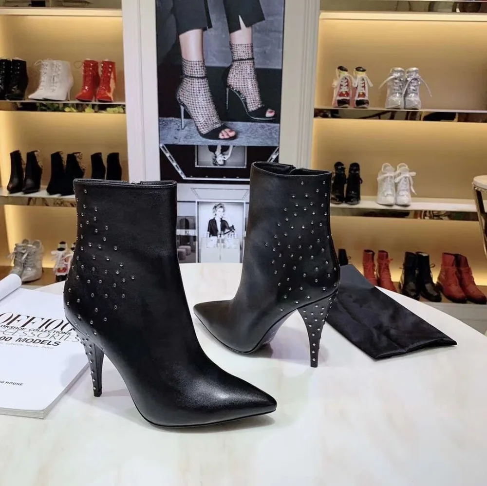 Real Leather Ankle Boots Woman Pointed Toe Mixed Color Crystal High Heel Boots Women Fashion Short Boots