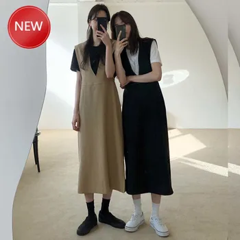

Women Spring V Neck Sleeveless Long Tank Dress Vintage High Waist Solid Color Out Wear Vest Dresses