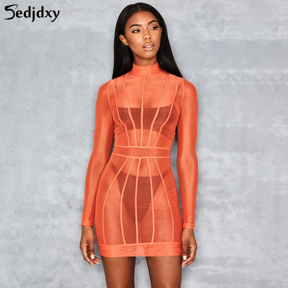 

2019 Fashion Summer Sexy Mesh See Through Mini Dresses Long Sleeve Bodycon Beach Party Dresses New Clothing