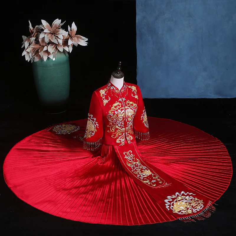 red dress Женское традиционное платье невесты Cheongsam длинное китайское Новое свадебное платье женское элегантное китайское современное платье Ципао - Цвет: red dress