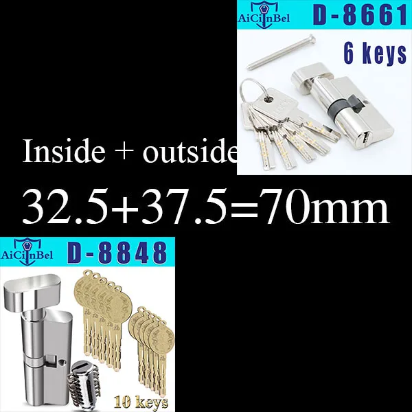 Европейский стандарт, дверной цилиндр, медный замок, цилиндр, внутренний, для спальни, гостиной, безопасная дверная ручка, латунный замок для ключей - Цвет: 70mm32.5add37.5