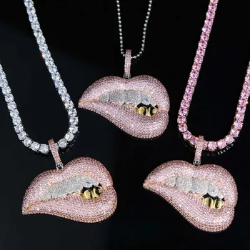 

New Arrivals Pink Gold Color Cubic Zirconia Bling Mouth Teeth Pendant Chain Necklaces with 5mm Cz Tennis Chain Chokers Wholesale