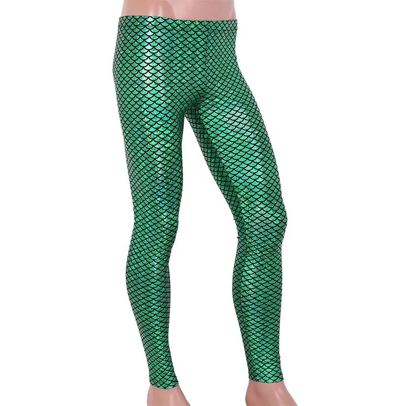Men Shiny Mermaid Fish Scales Printed Mid Rise Elastic Waistband Skinny Leggings Tights Club Party Festival Rave Dance Costume