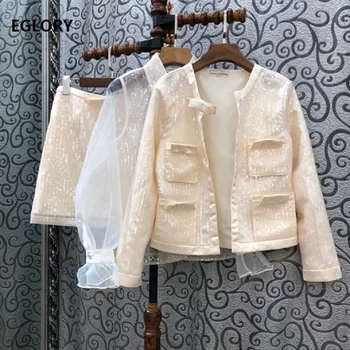 

Top Grade Designer Clothing Sets 2019 Autumn Sequined Coat Jacket+Sexy Sheer Tops Blouse+Sequined Mini Club Skirt Set 3 Piece