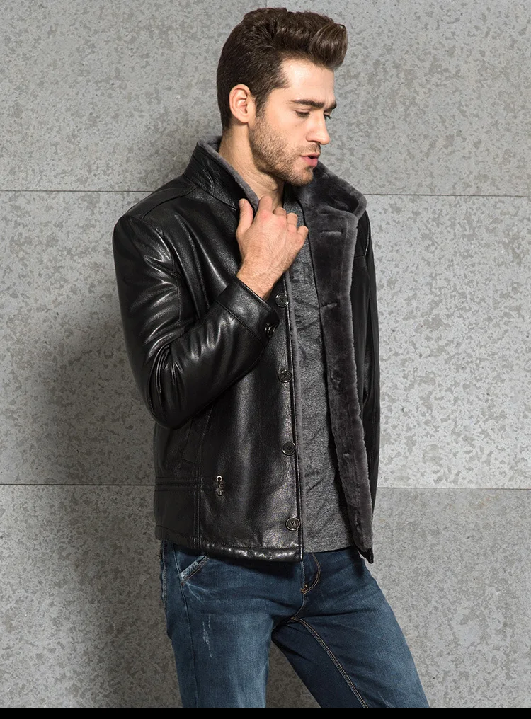 AYUSNUE New Genuine Leather Jacket Men Winter Goatskin Leather Coat Sheep Shearing Men's Leather Jackets 3367 KJ3006