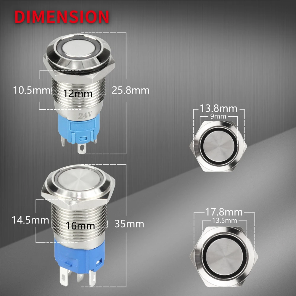12MM 16MM 19MM 22MM Metal LED Push Button Switch 12V 24V 220V Light Waterproof Latching Momentary Power Pushbutton Illuminated