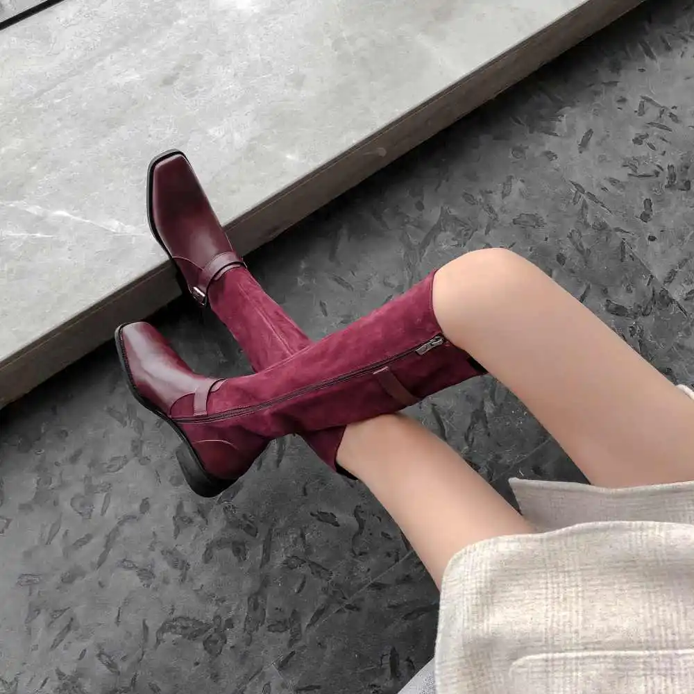 Lenkisen new vintage cow leather patchwork buckle straps square toe med heels winter keep warm women Zipper thigh high boots L35