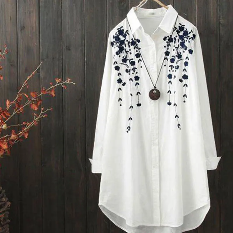 100% Cotton Spring Long Sleeve Shirt Blouse Women Loose Long Tops Embroidery Blouse Plus Size Shirts D201 Blouses & Shirts - AliExpress