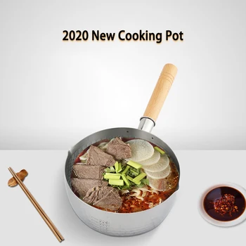 

Stainless Steel Cooking Pot Soup Stock Pot Japanese Pan Snow Noodle Porridge Food Pot Milk Heating Pan Wood Handle Pot Cookware
