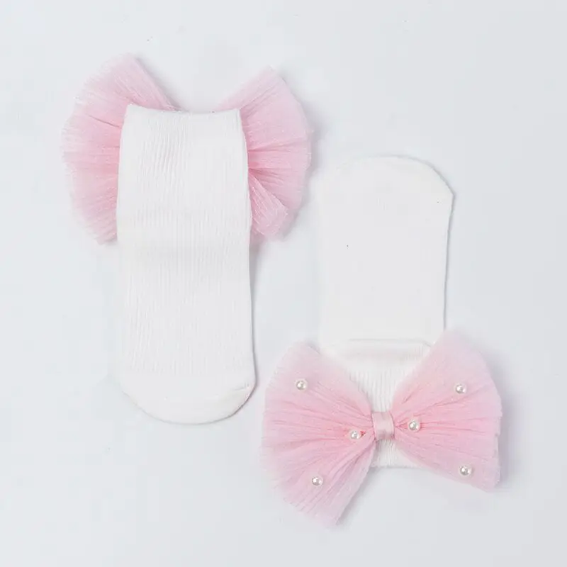 White Pink Bead Bow Новые носки для маленьких девочек с бантиками, хлопковые носки до лодыжки для малышей, милые детские носки принцессы с бисером для маленьких девочек - Цвет: White Pink Bead Bow