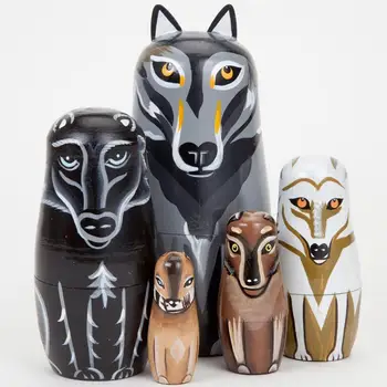 

5Pcs/Set Hand Painted Wooden Wolf Nesting Dolls Russian Matryoshka Kids Toy