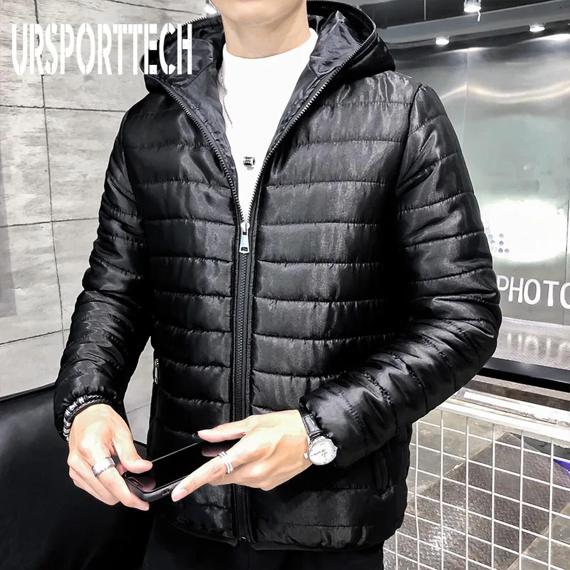 black URSPORTTECH, новинка, мужская зимняя куртка, повседневная, толстая, теплая, глянцевая, мужская куртка, роскошная верхняя одежда, ветрозащитная, водонепроницаемая, с капюшоном, парка, пальто для мужчин - Цвет: black
