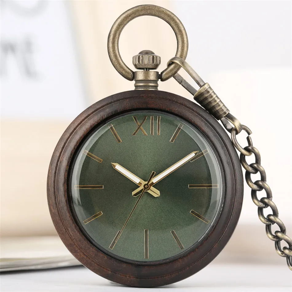 

Natural Retro Ebony Wood Quartz Pocket Watch Bronze Fob Pendant Clock Luminous Hands Green Dial Wooden Pocket Timepiece Gifts