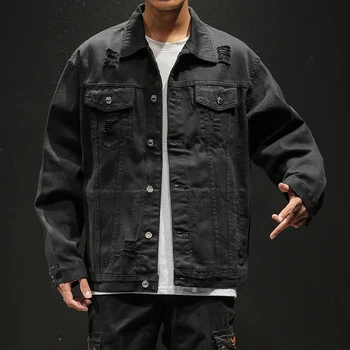 

Hot Sale Male Jackets Large Sizes Holes Denim Jacket Fashion M-5XL Black Blue Men's Denim Jacket Coat