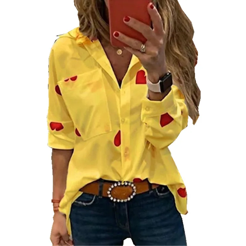 Принт красное сердце шифоновые женские блузки с длинным рукавом Женские топы и блузки размера плюс женские офисные рубашки желтые синие 4XL 5XL