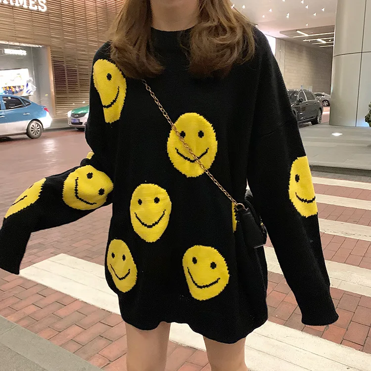 Casual Loose Knitted Women's Smile Face Sweaters - true deals club