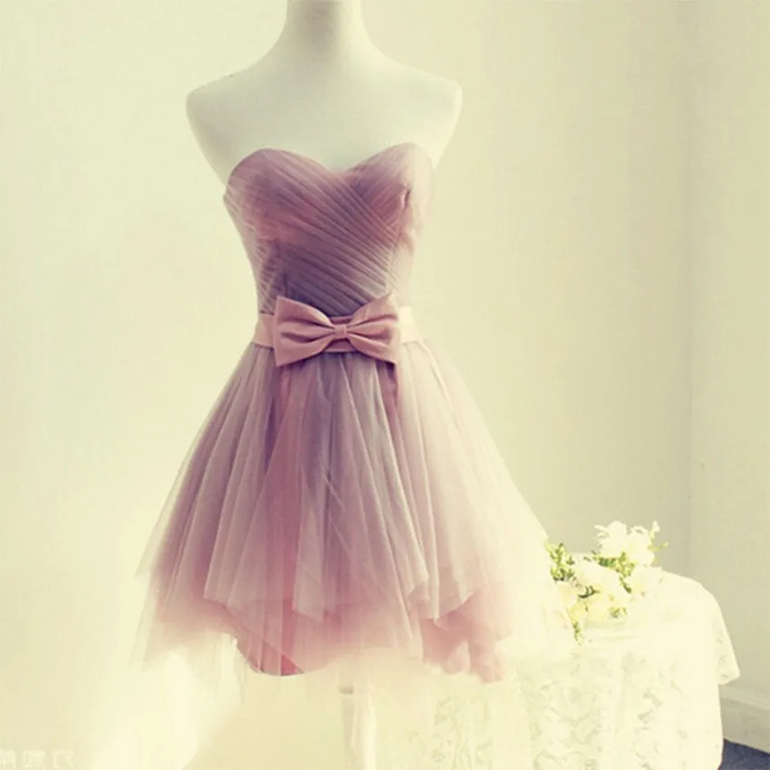 Выпускные платья vestidos de Pink Милая плиссированная короткая бант пояса молния сзади Тюль очаровательное реальное изображение платье для выпускного вечера