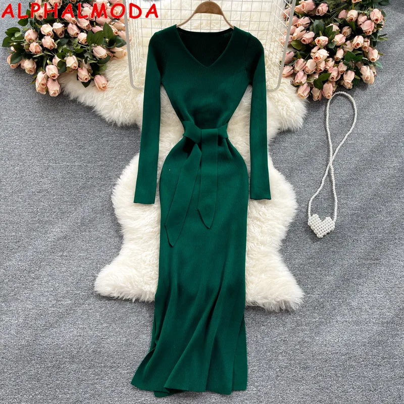 

ALPHALMODA Autumn 2021 New V-neck Slim Fit Medium Long Side Split Women Chic Solid Knitted Dress Sashes Casual Fashon Dress