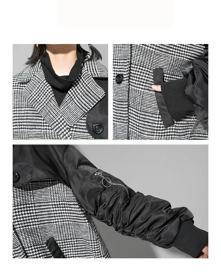 XITAO Winter Patchwork Plaid Pocket Jacket Women Clothes Fashion Plus Size Tide Turn Down Collar Match All Coat Top ZLL4402