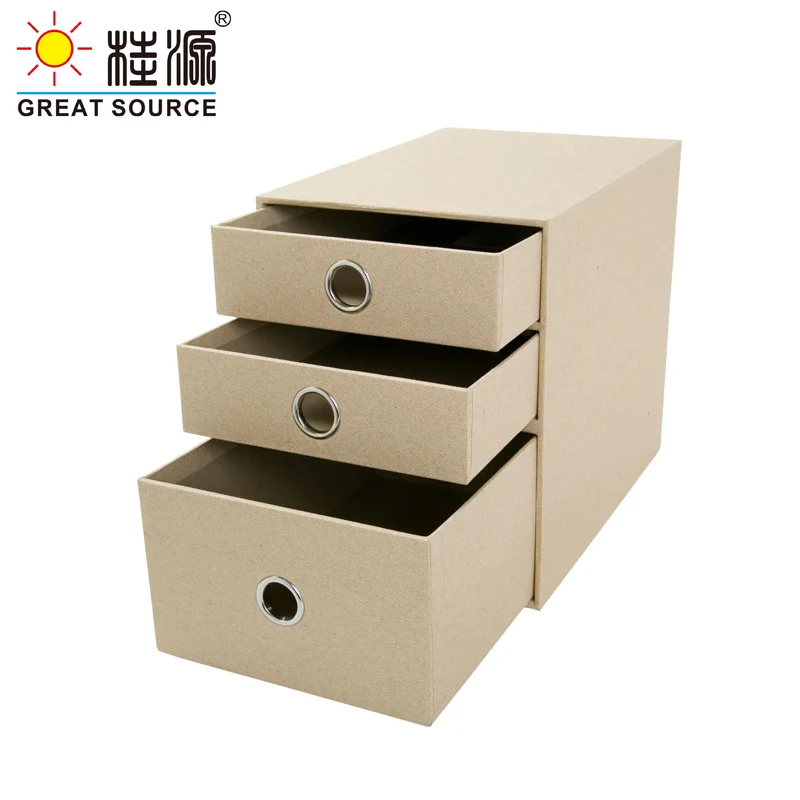 3 Layers Storage Cardboard Cabinet Office Desk Top Organizer Home 3 Drawers Cabinet Beige Faux Linen Natural Wood Paper(2PCS)