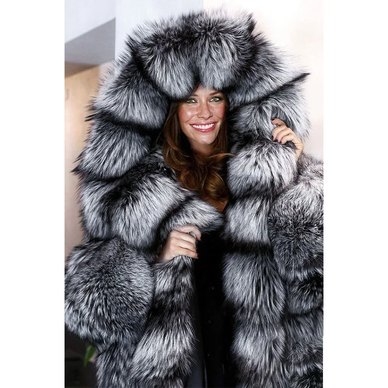 FURSARCAR 2021 New Luxurious Real Natural Silver Fox Fur Coat Women Winter Real Fur Outerwear Plus Size 130cm Long Fur Jacket