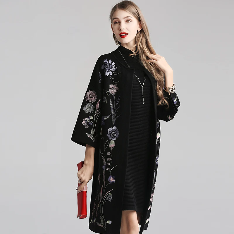 Осенняя шерстяная вязаная куртка с открытым воротом Инди вышивка в народном стиле цветок o-образным вырезом реглан рукав женская куртка m-xl