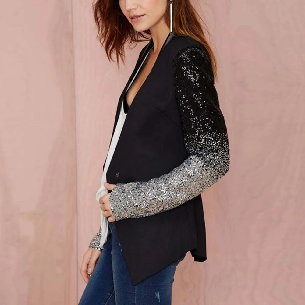 

Plus-sized Models in Europe And America Coat Sequin Joint Single-Button Slim Fit Slimming Black And White with Pattern Ol WOMEN'